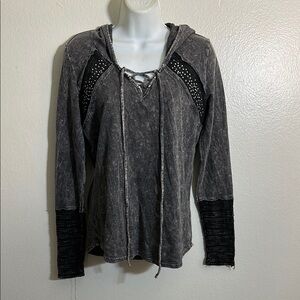 VENUS Gray Ribbed Tie Front Hoodie